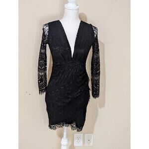 Dress Forum Black Lace Mid Length Party Dress Size Small Long Sleeve Back Zip